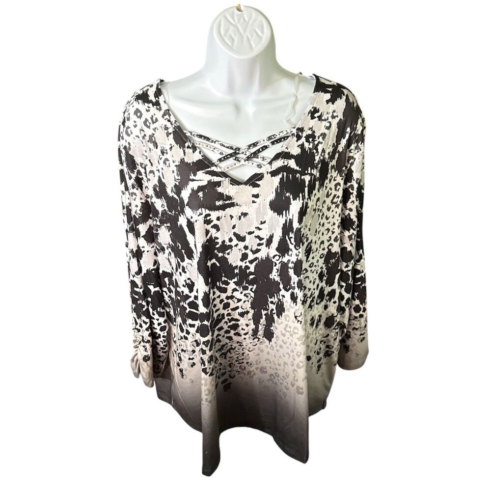 Allison Daley Woman 3X Long Sleeve Ombre Leopard Print Studded V- Neck NWT Plus